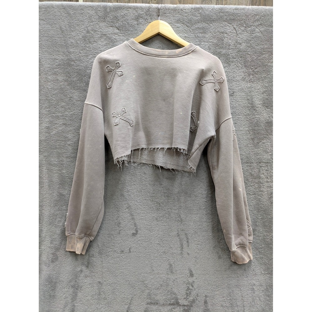 Grunge Cropped Sweatshirt Womens Medium Tan Acid Wash Cross Applique Raw Hem